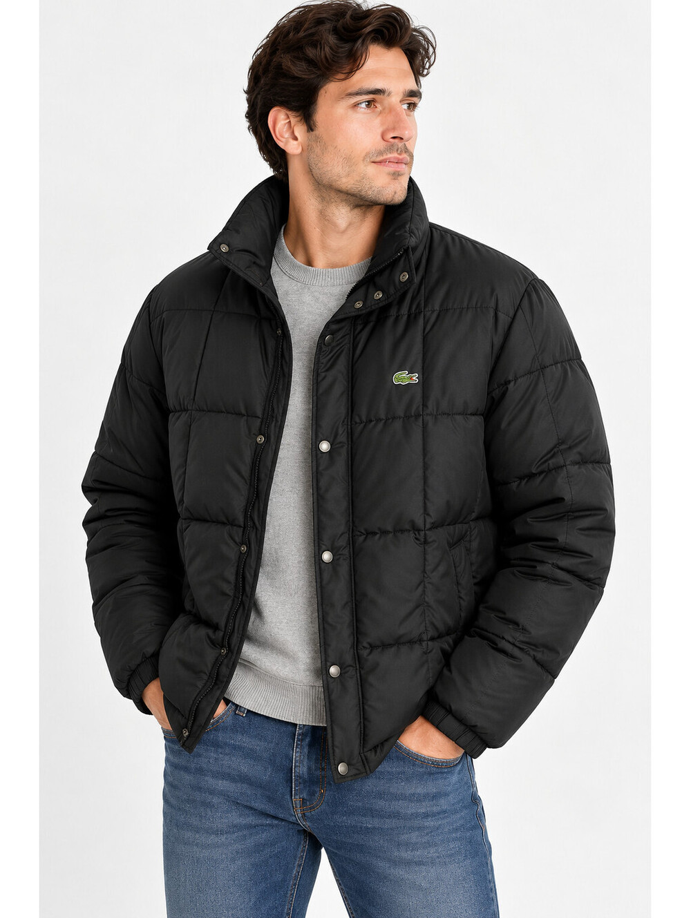 Lacoste Men’s Black Quilted Puffer Jacket Coat Size 44 Crocodile Logo